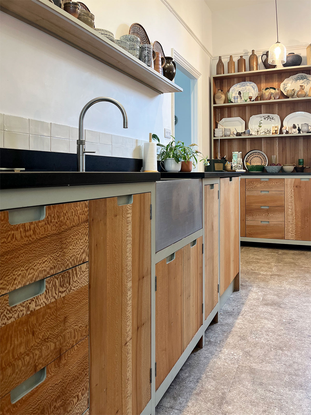 The use of London Plane for this kitchen in an historic Grade II listed home overlooking Blackheath was informed by a large example of the species that can be seen from the house.