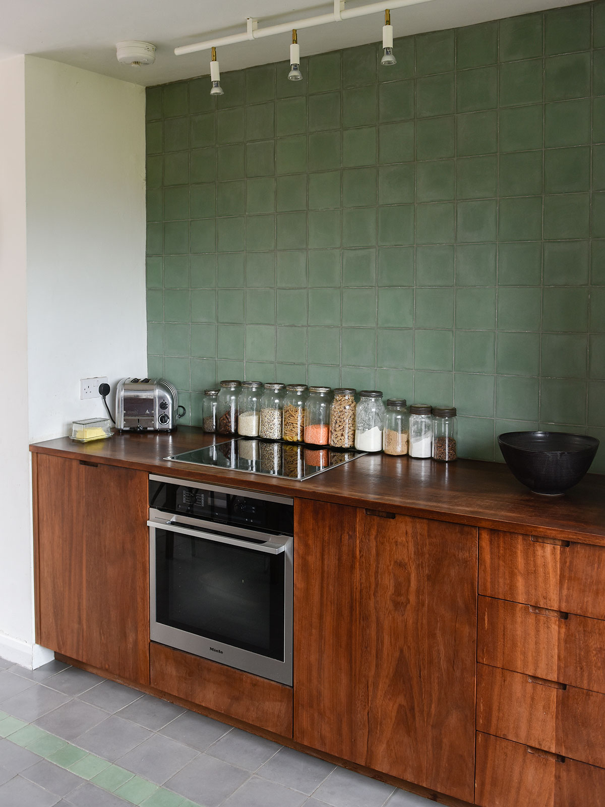 Storage jars on reclaimed counter tops in Lewes Kitchen.
