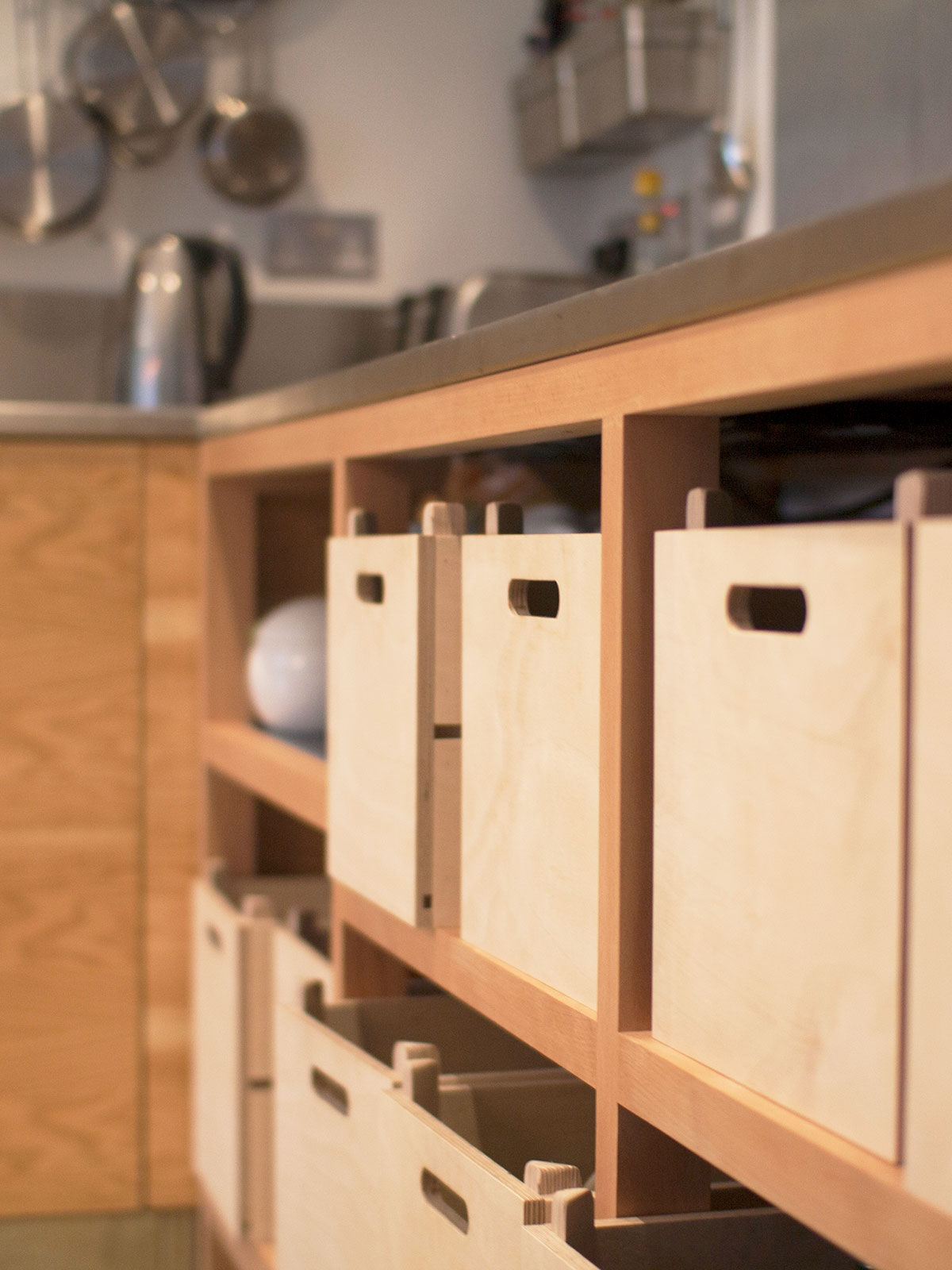 Ply Storage boxes under stainles steel countertops